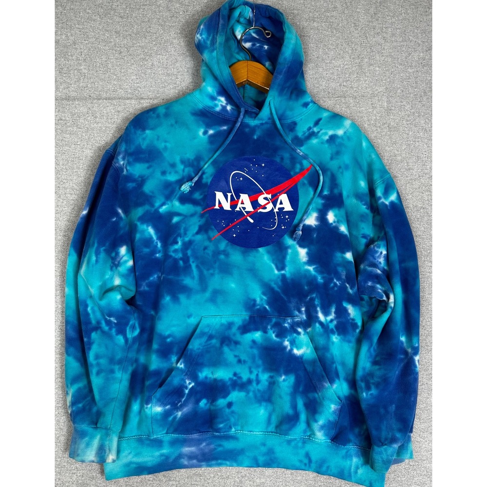 Vintage Colortone NASA Hoodie Mens Large Blue Tie Dye Graphic Sweatshirt Y2K